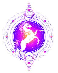 Rainbow unicorn over sacred geometry design elements. Alchemy, philosophy, spirituality symbols. Black, white vector illustration in vintage style isolated on white.