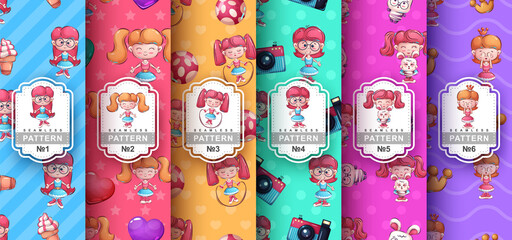 Cartoon character pretty girl and seamless pattern.