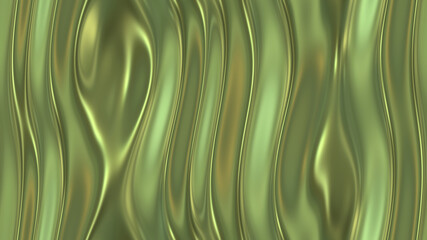 Olive green shiny molten metal, flowing satin waves and stripes 3d rendering seamless