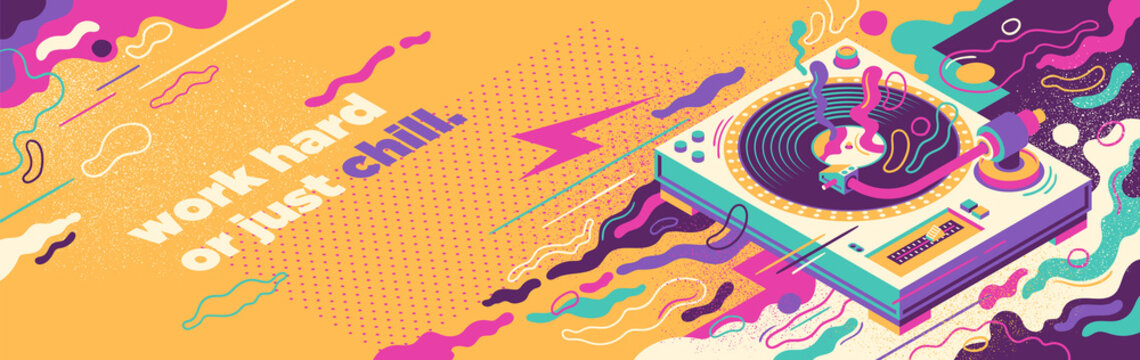 Abstract party illustration with isometric style turntable, colorful splashing shapes and slogan. Vector illustration.