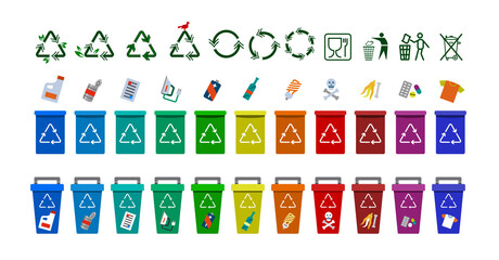 Set of recycle icons. Colorful symbols. Trash collection, segregation and recycling, garbage separated into different types and collected into waste containers. Different type of waste in each bin.