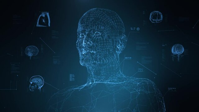 Artificial Intelligence Face Scanner. Facial Recognition and Biometric Medical Information. 3D Model Animation of Wireframe Human Body. Head, Brain And Torso MRI. Virtual Reality.