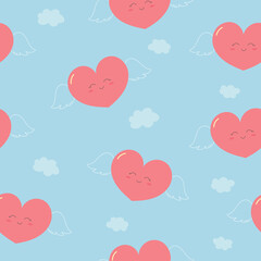 Cute smiling hearts with wings seamless pattern. Pink hearts on blue background. Background for Valentine's Day greetings and card, web, banner, poster, flyer, brochure, print and baby shower