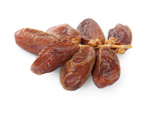 Sweet dates on branch against white background. Dried fruit as healthy snack
