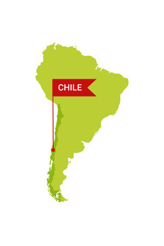 Chile on an South America s map with word Chile on a flag-shaped marker. Vector isolated on white.