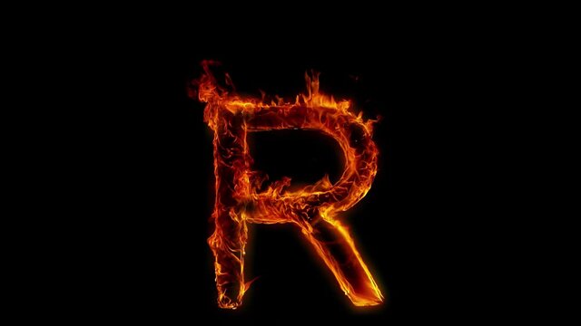 Super Slow Motion Shot of Burning Letter R Isolated on Black Background at 1000 fps.