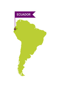 Ecuador on an South America s map with word Ecuador on a flag-shaped marker. Vector isolated on white.