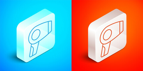 Isometric line Hair dryer icon isolated on blue and red background. Hairdryer sign. Hair drying symbol. Blowing hot air. Silver square button. Vector