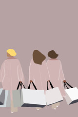 Digital illustration back view three best friends walking holding shopping bags in their hands for Black Friday.