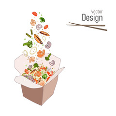 Chinese noodles with vegetables in the box are drawn in a cartoon doodle style. Ingredients, chicken, mushrooms, noodles, dyes, carcle, ballcoli, asparagus fall into the box.Vector design,delivery