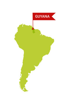 Guyana on an South America s map with word Guyana on a flag-shaped marker. Vector isolated on white.