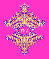 Stretch and Strength. Yoga card design. Colorful template for spiritual retreat or yoga studio. Ornamental business cards, oriental pattern. Vector illustration