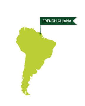 French Guiana on an South America s map with word French Guiana on a flag-shaped marker. Vector isolated on white.