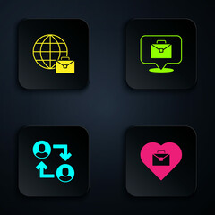 Set Heart with text work, Online working, Project team base and . Black square button. Vector