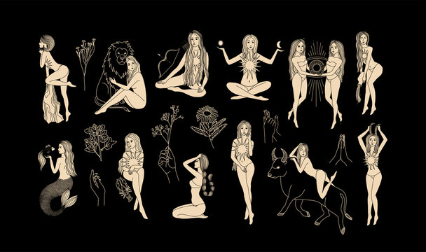 Zodiac signs collection. Mystical silhouettes. Astrological symbols. Illustrations of women. Mysterious images in the starry sky. Mythical characters. The element of the signs of the zodiac. 