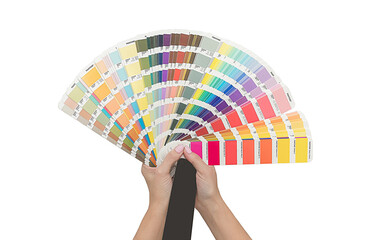 Hands are holding a designer fan. On white background.
