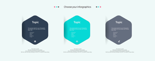Fototapeta premium Three Vector Infographic label design with icons and options or steps, and infographics for business concept. used in presentations banner, workflow layout, process diagram, flow chart design.eps 