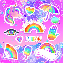 Colorful sticker set: candies, sweets, rainbow. Vector illustration. Stickers, pins, patches. Halloween pastel colors. Cute gothic style.