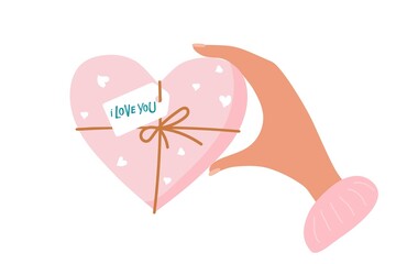 Woman's hand holds pink heart-shaped box with I love you tag. Flat vector isolated. Valentine's Day, Mother's day, Birthday gift box. Holiday celebration,romantic date or anniversary.