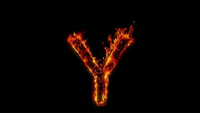 Super Slow Motion Shot of Burning Letter Y Isolated on Black Background at 1000 fps.