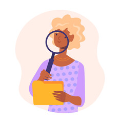 Girl looks through loupe at document