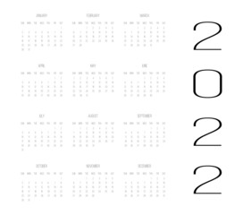 Calendar for 2022, black with vertical text