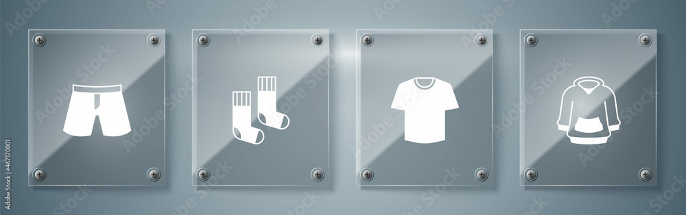 Canvas Prints Set Hoodie, T-shirt, Socks and Short or pants. Square glass panels. Vector