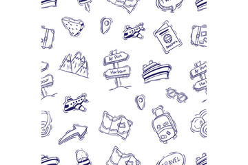 hand drawing travel or vacation seamless pattern