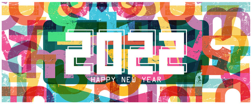 happy new year 2022 cover with stylish colorful abstract background in graffiti style. Greeting card banner design for 2022 calligraphy includes multicolor alphabets shapes. Vector illustration