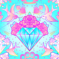 Old school tattoo style seamless pattern. Classic vector tattoo doodle elements: flower, sacred heart, diamond, swallow, brass knuckles. Traditional Tattooing inspired. Wrapping paper, textile.