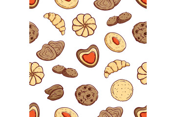 seamless pattern of tasty cookies with colored hand drawing style