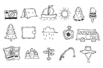camping or hiking doodle icons collection