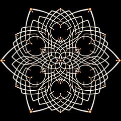 Fototapeta premium Round Colored Mandala on black isolated background. Patterned Design Element. Ethnic Amulet. Symmetrical pattern. Drawing for print on a t-shirt. Mandala with floral patterns. Yoga template.