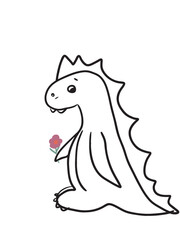 Cute dragon with flower, line dragin, cute dinosaur