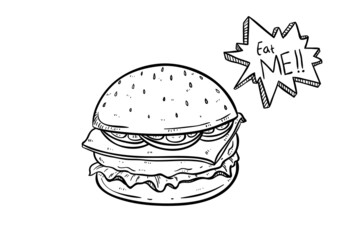 hand drawing burger with speech balloon