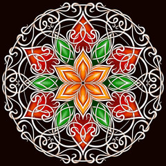 Round colored mandala on black isolated background. Mandala with floral patterns. Yoga template. Patterned Design Element. Ethnic Amulet. Symmetrical pattern. Drawing for print on a t-shirt.