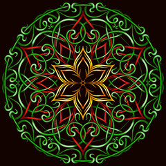Round colored mandala on black isolated background. Mandala with floral patterns. Yoga template. Patterned Design Element. Ethnic Amulet. Symmetrical pattern. Drawing for print on a t-shirt.
