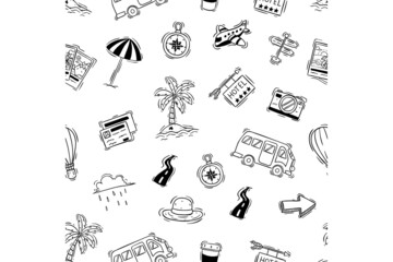 seamless pattern travel icons with hand drawing style