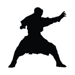 drawing of a vector black silhouette on a white background. a ninja in a hood and kimono trains punches. he's wearing leather boots and sportswear. he stands in a fighting stance.   2d art