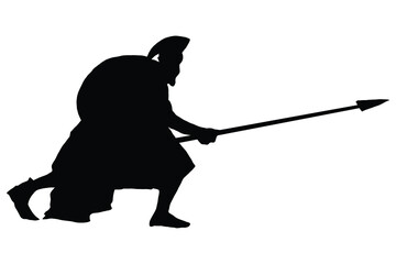 drawing of a vector black silhouette on a white background. a Greek gladiator in a helmet with a visor holds a spear and shield in his hands, he is wearing iron armor and a belt with straps.  2d art