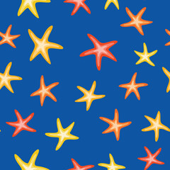 Fototapeta na wymiar Seamless pattern with colorful yellow orange and red sea stars on deep blue vector background. Starfish repeating tile texture design element. Summer sea beach vacation decoration template.Wrap paper.
