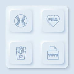Set line Baseball ball, USA Independence day, Potatoes french fries in box and Vote. White square button. Vector