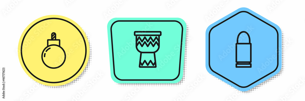 Poster set line bomb ready to explode, drum and bullet. colored shapes. vector