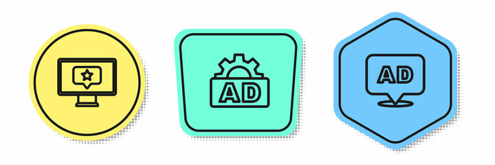 Set line Monitor with star, Advertising and . Colored shapes. Vector