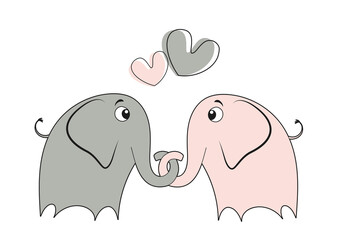 Two enamored gray and pink elephants hugging on a white background with hearts, vector illustration, married couple