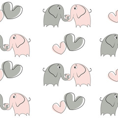 seamless pattern - two enamored gray and pink elephants hugging on a white background with hearts, vector illustration, married couple