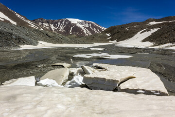 Melting snow of a glacier near the high altitude pass of Shingo La in the Himalayan wilderness of...