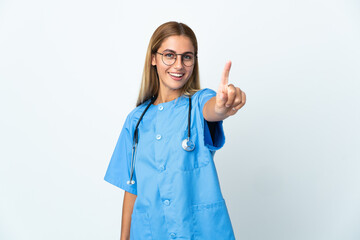 Surgeon doctor woman over isolated white background showing and lifting a finger
