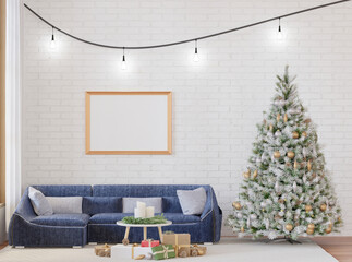 Mockup photo frame in living room christmas theme interior