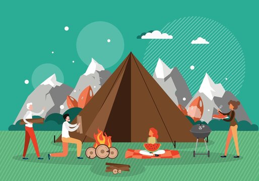 People tourists cooking food on grill, making fire. Hiking, camping, travel in mountains, summer outdoor activity vector